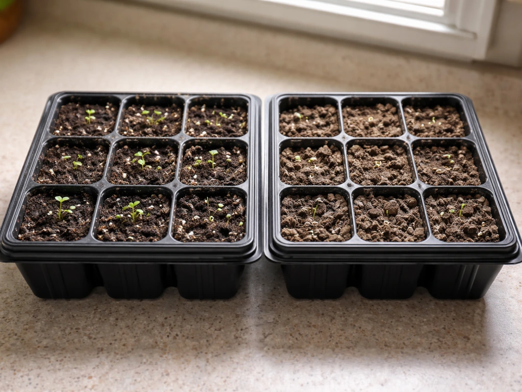 Two seedling trays side by side: left with tiny sprouts, right with dry soil and no sprouting.