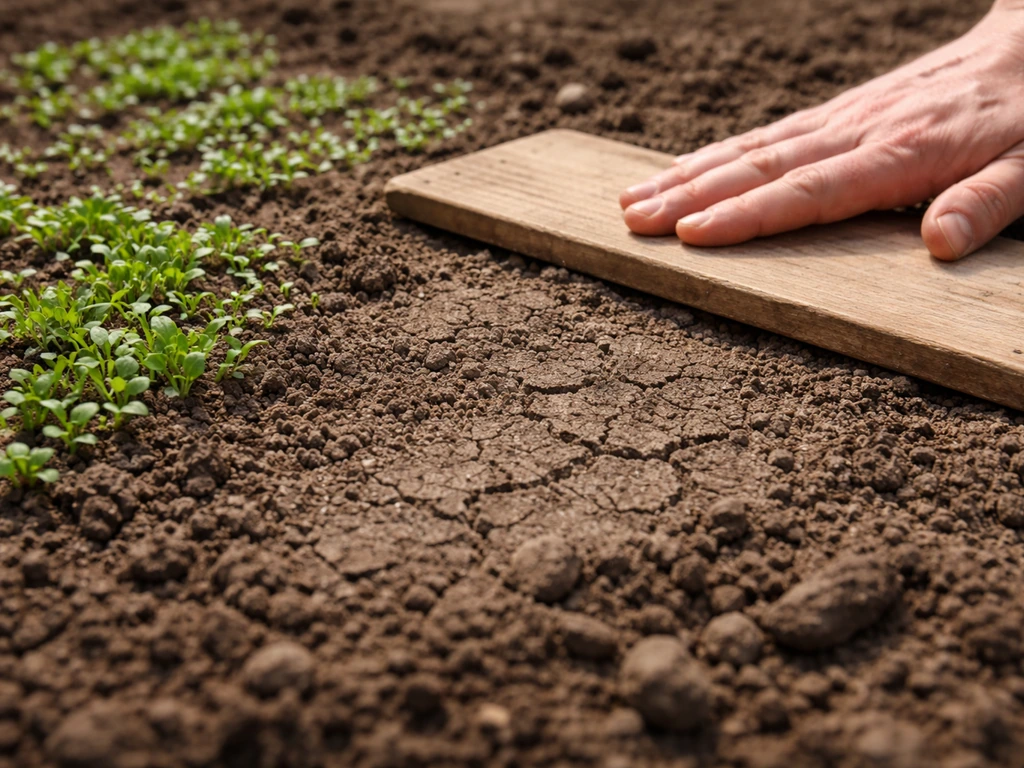 Close-up of patchy seedlings in soil, with a hand pressing a board to improve soil contact