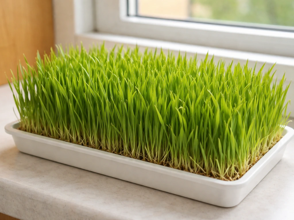 Full shallow tray of lush green Easter grass (wheatgrass) on a windowsill in natural light.
