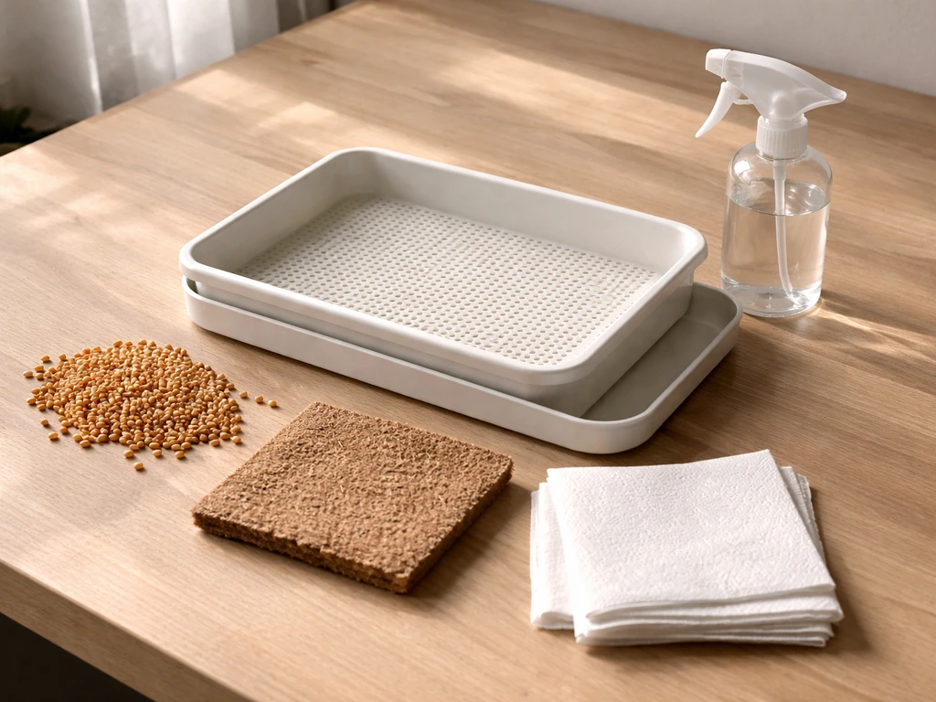 Top-down view of wheat berries, shallow tray, coconut coir/paper towels, spray bottle, and catch tray setup