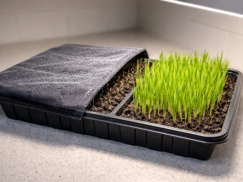 Seed tray with dark cover on, then uncovered under grow light as green wheat sprouts emerge.