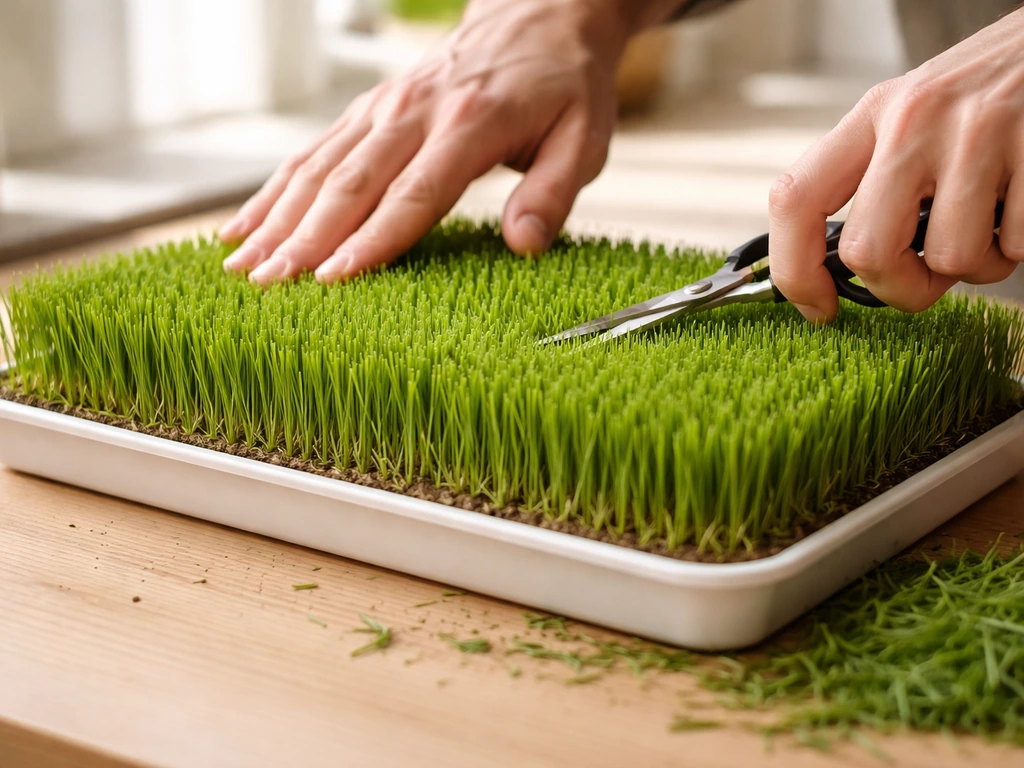 Hands using scissors to trim an Easter grass tray to an even height for display
