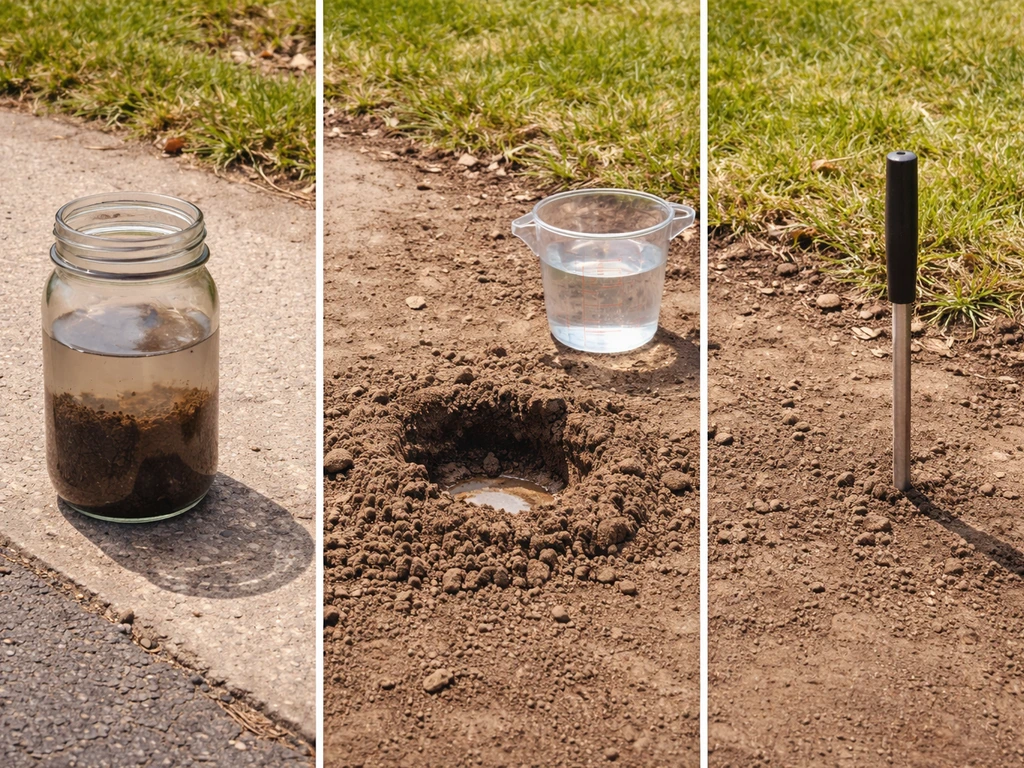 Three at-home soil tests side by side: jar texture, drainage hole test, and compaction check tools on driveway.