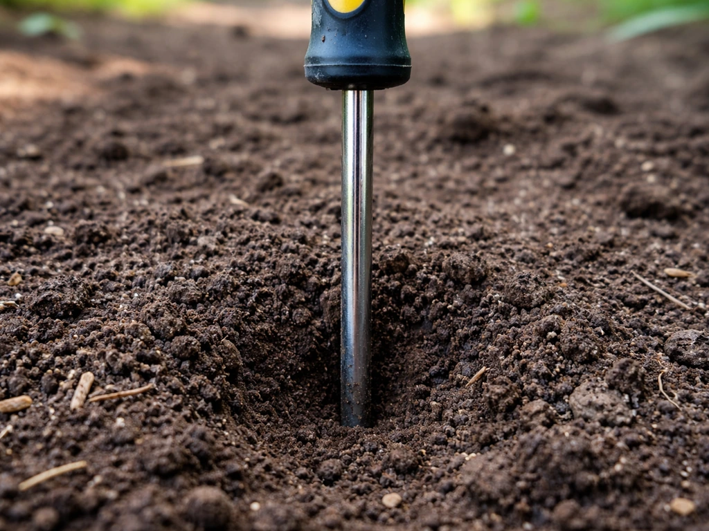 A metal screwdriver tip being pushed into dark soil, showing how firmly it resists.