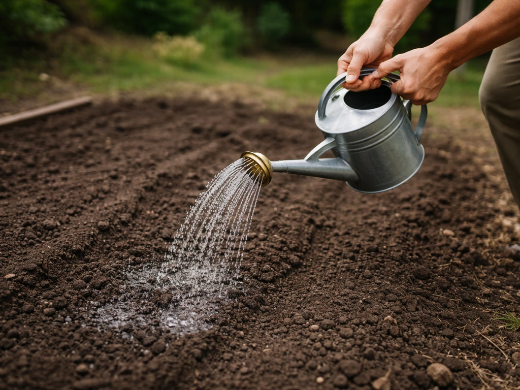 Hands hand-water a raked, moist seedbed just before sowing, with damp soil visible.