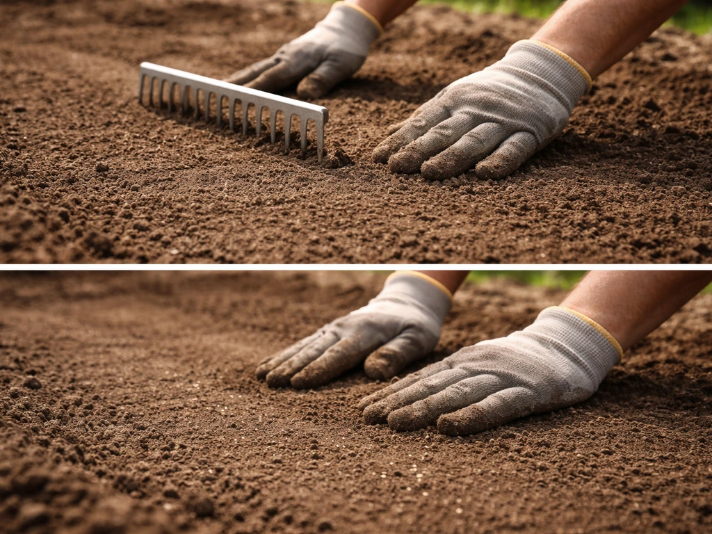 Hands raking and lightly pressing soil to create a smooth, firm seedbed for planting