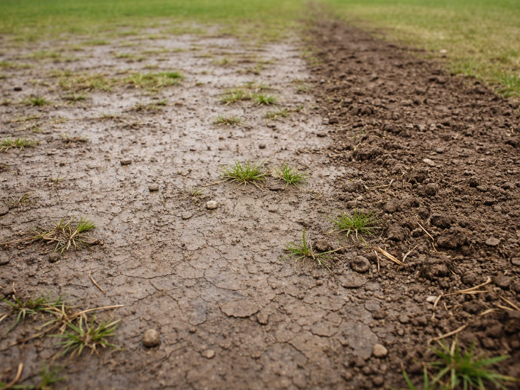 Bare clay lawn with a crusted surface and a nearby freshly scratched strip showing cultivation
