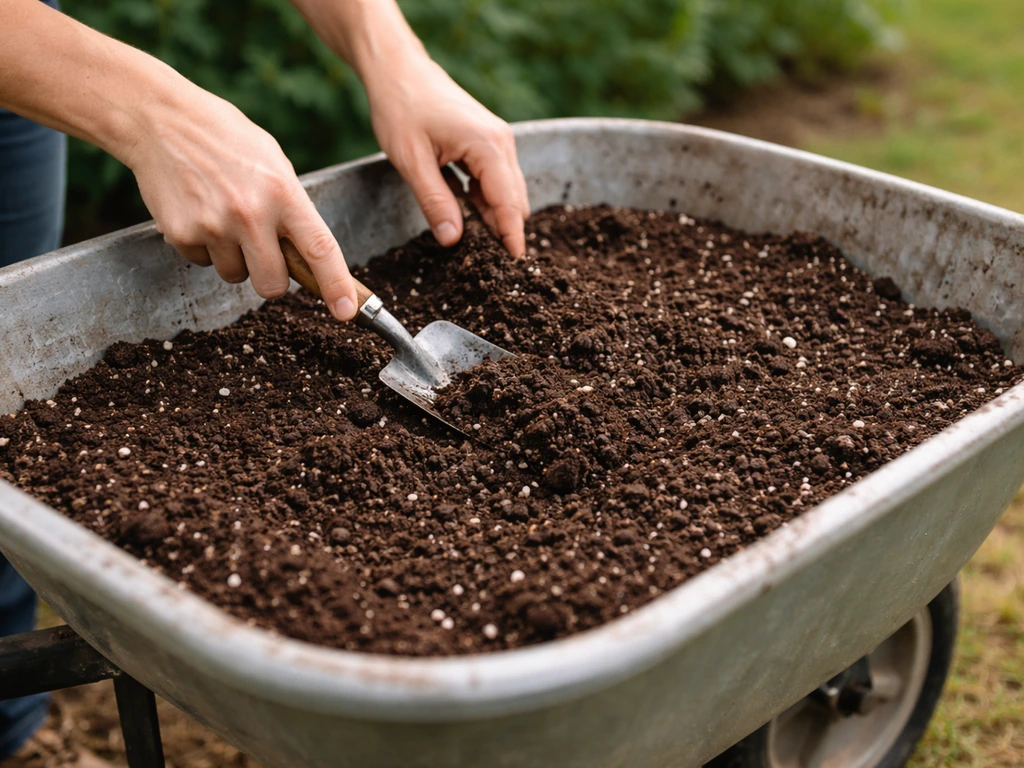 Hands stirring a wheelbarrow of mixed potting soil with visible perlite/sand in natural light.