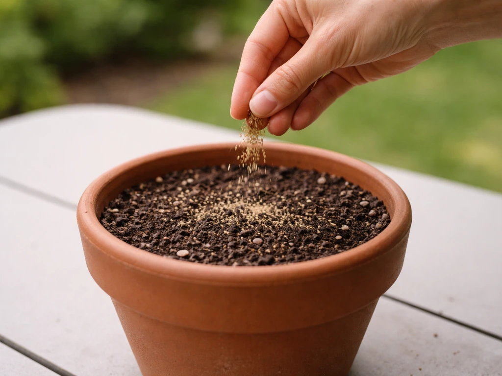 Hand scattering grass seed into a pot with soil leveled just below the rim.