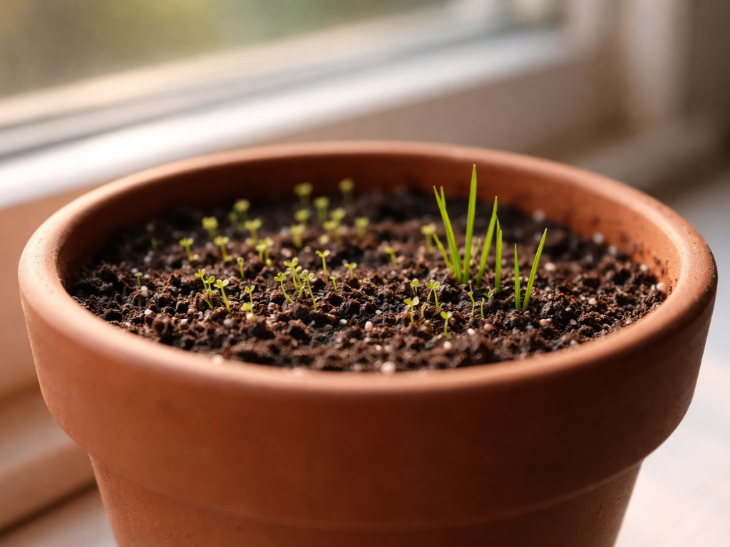 Terracotta pot with dark soil and early green grass shoots filling part of the surface