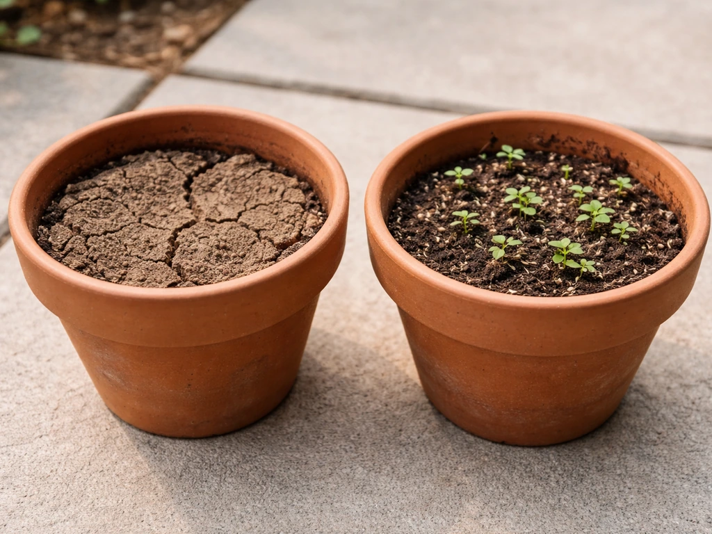 Two close pots: one with cracked dry soil, the other with uneven patchy sprouts for germination issues.