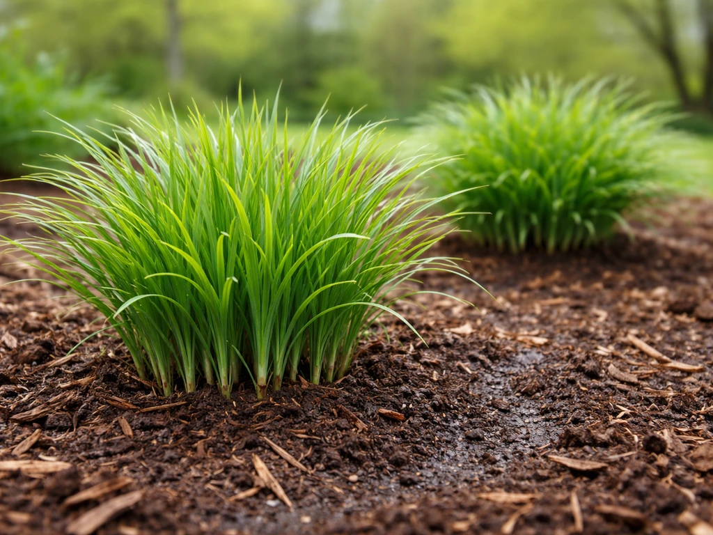 Ornamental grass clumps in a tidy garden bed with fresh spring growth and dark, moist soil