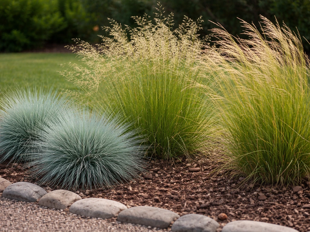 Side-by-side cool-season ornamental grasses in a simple garden bed, showing different fast-growing textures.