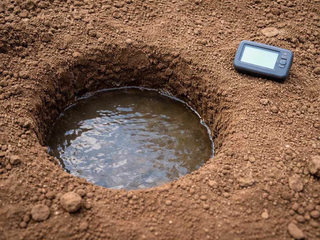 Close-up of a small dug hole filled with water, with a visible timer showing drainage time.