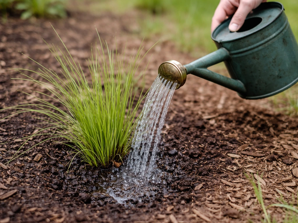 A hand watering a newly planted ornamental grass bed with a slow, deep watering stream.