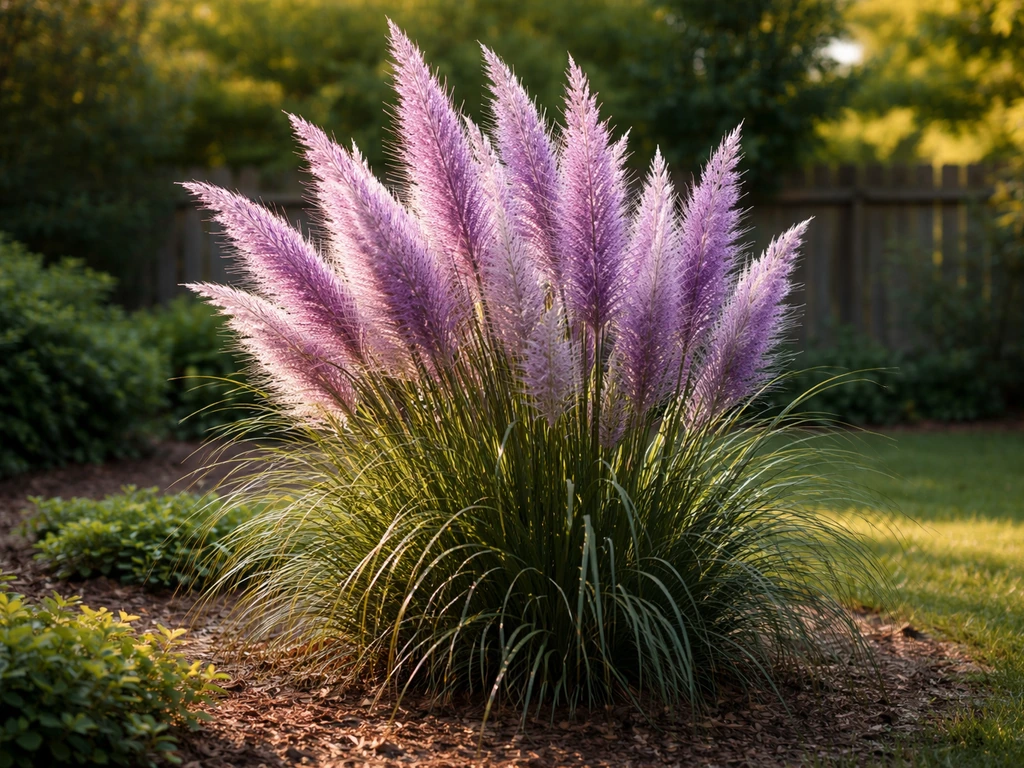 Mature purple pampas grass clump with feathery plumes in a simple backyard garden landscape.