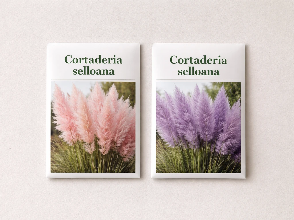 Two seed packets side-by-side showing cultivar names for purple and pink Cortaderia selloana.
