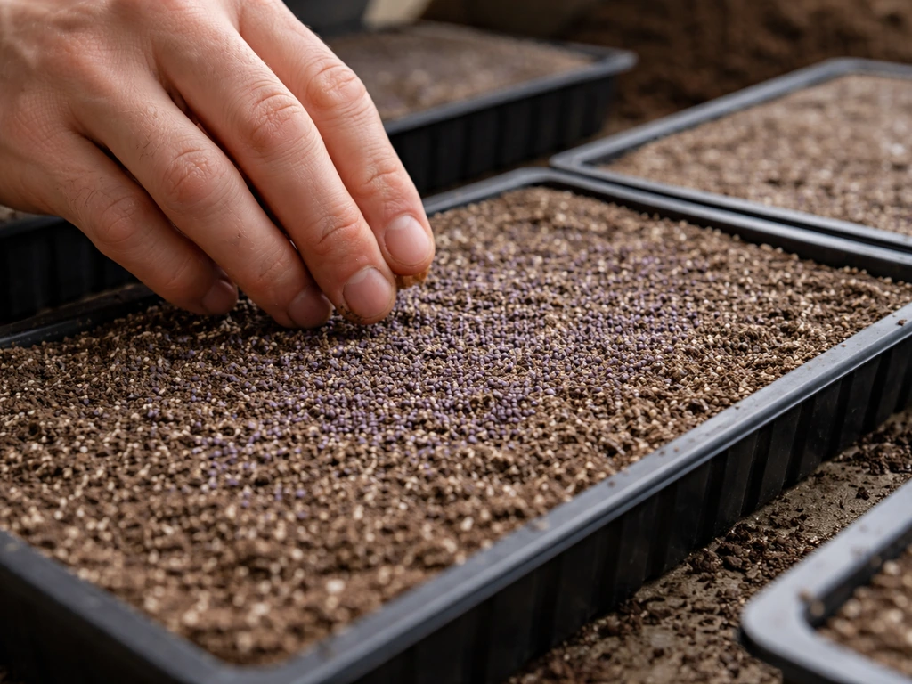 Close-up of purple pampas grass seeds being surface-sown in shallow seed trays.