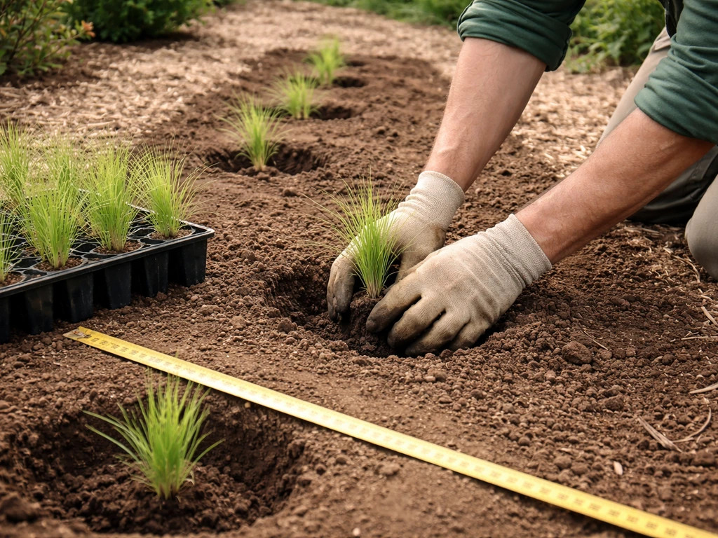 Gardener transplanting small pampas grass seedlings into spaced holes in a backyard bed.