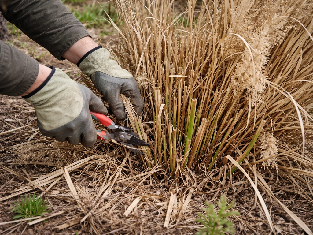 Gloved hands using pruners to cut back dead pampas grass clumps in early spring.