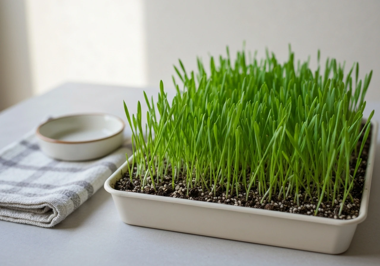 Fresh green grass growing in a shallow tray with a clean dish nearby, bright minimal setting.