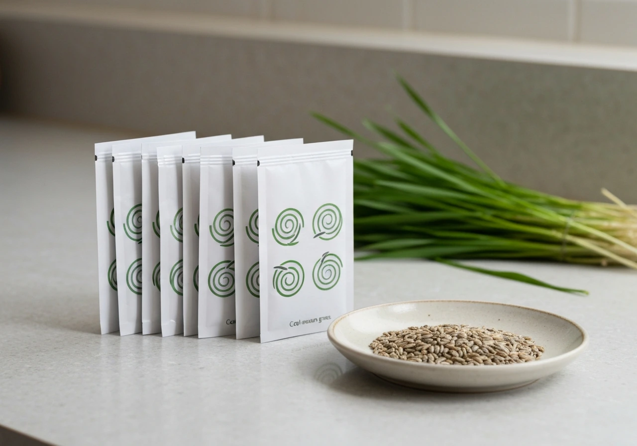 Guinea-pig-safe grass seed packets and loose cool-season grass seeds on a clean kitchen counter