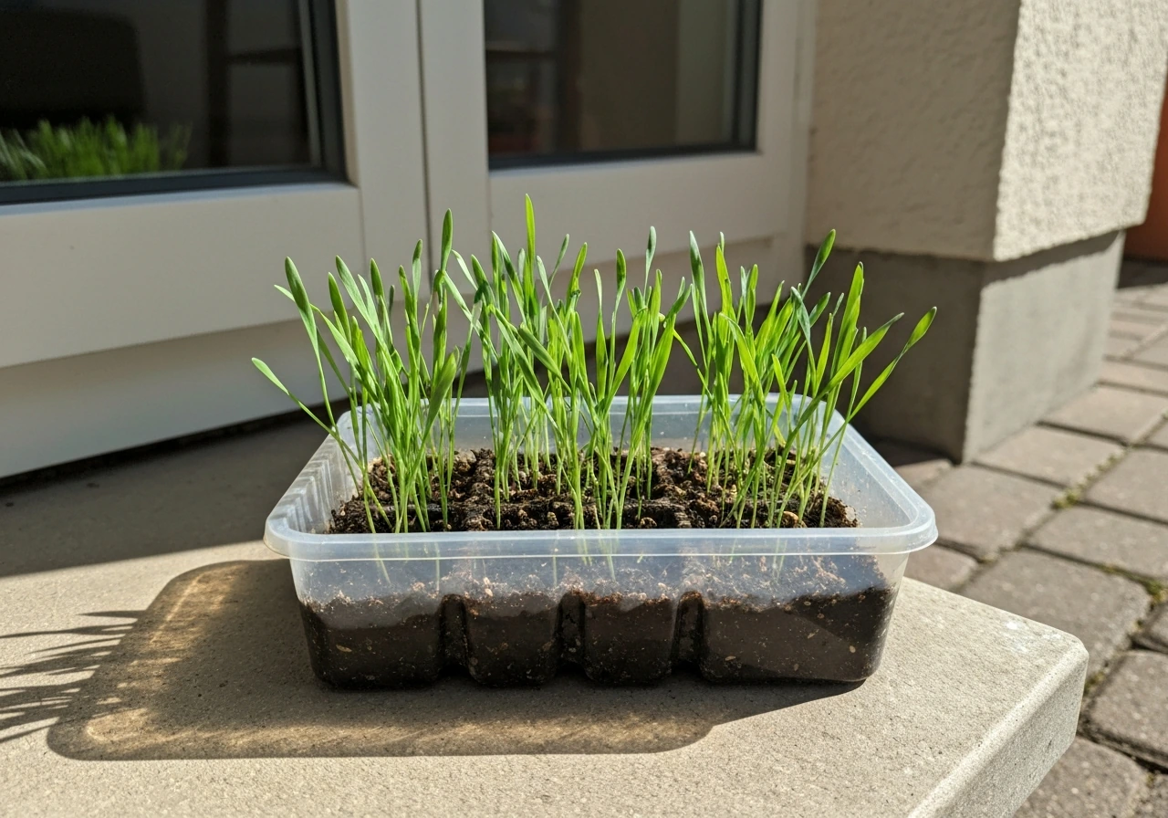 Small plant tray in a sunny spot on a patio, showing bright natural light for full-sun needs.