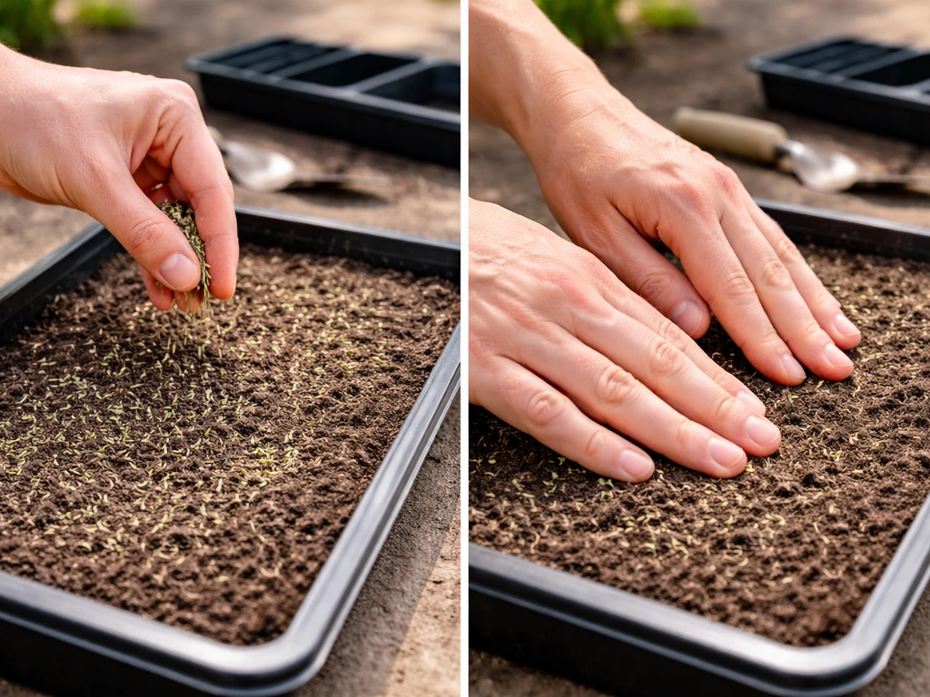 Hands sprinkling grass seed into a shallow tray, then gently pressing it down.