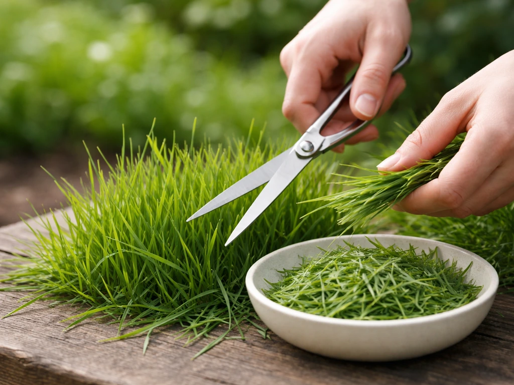 Hands using clean scissors to cut fresh grass, with the cut grass ready to serve in a small bowl.