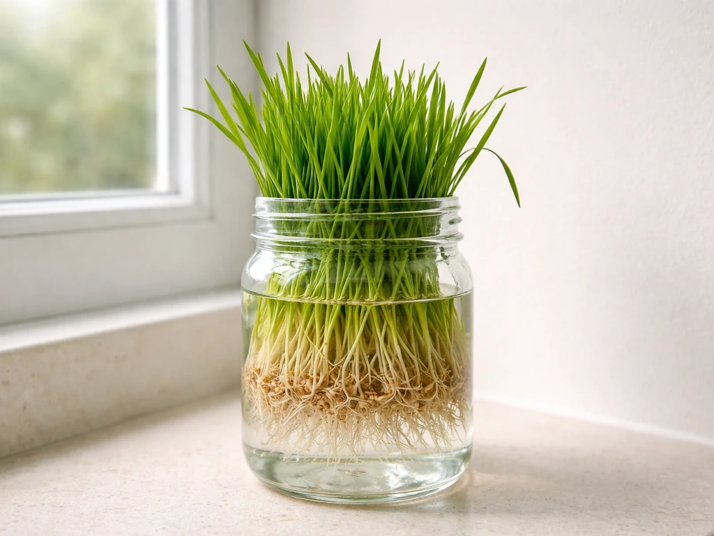 Fresh cat grass blades growing in a clear jar of water, lush green texture and water-growth setup