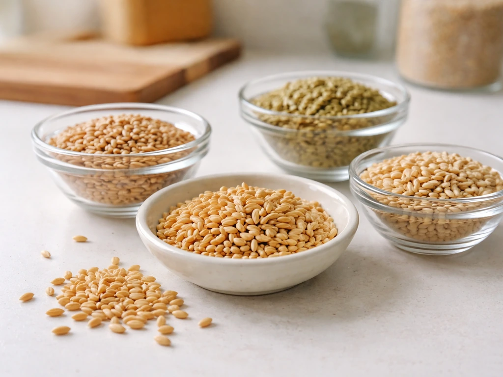 Close-up of fresh wheatgrass and barley seeds in small glass bowls, ready for water sprouting.