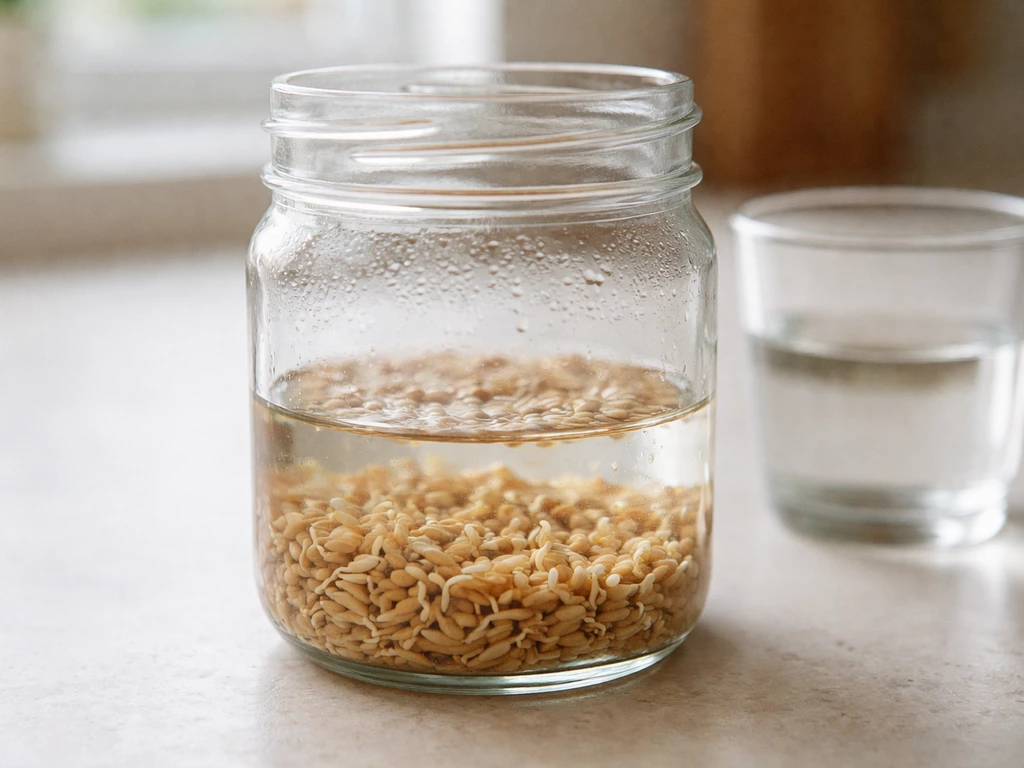 Close-up of cat grass seeds in a glass jar, covered with water and beginning to sprout.