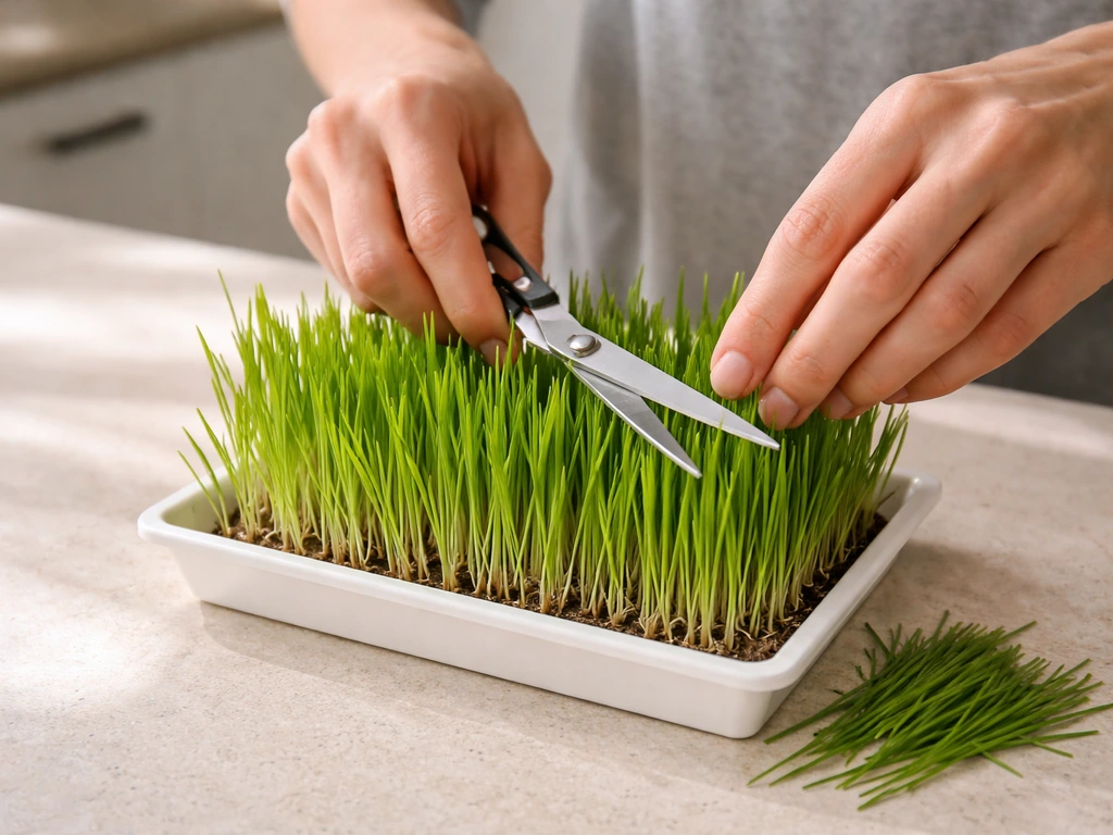 Clean scissors cutting fresh cat grass blades in a small tray on a kitchen counter.