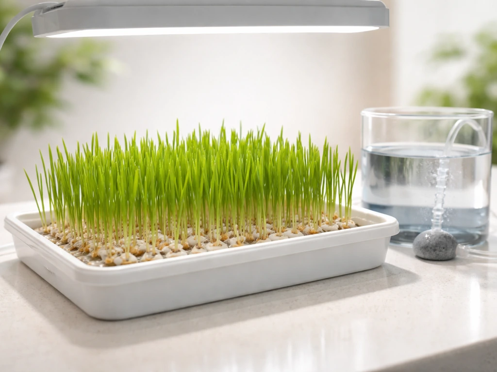 Bright hydroponic tray with young cat grass shoots under a small grow light in a clean setup.