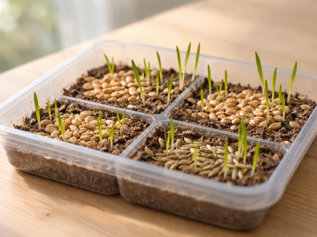 A minimal close-up tray of oat, wheat, barley, and rye seeds with a few fresh green sprouts