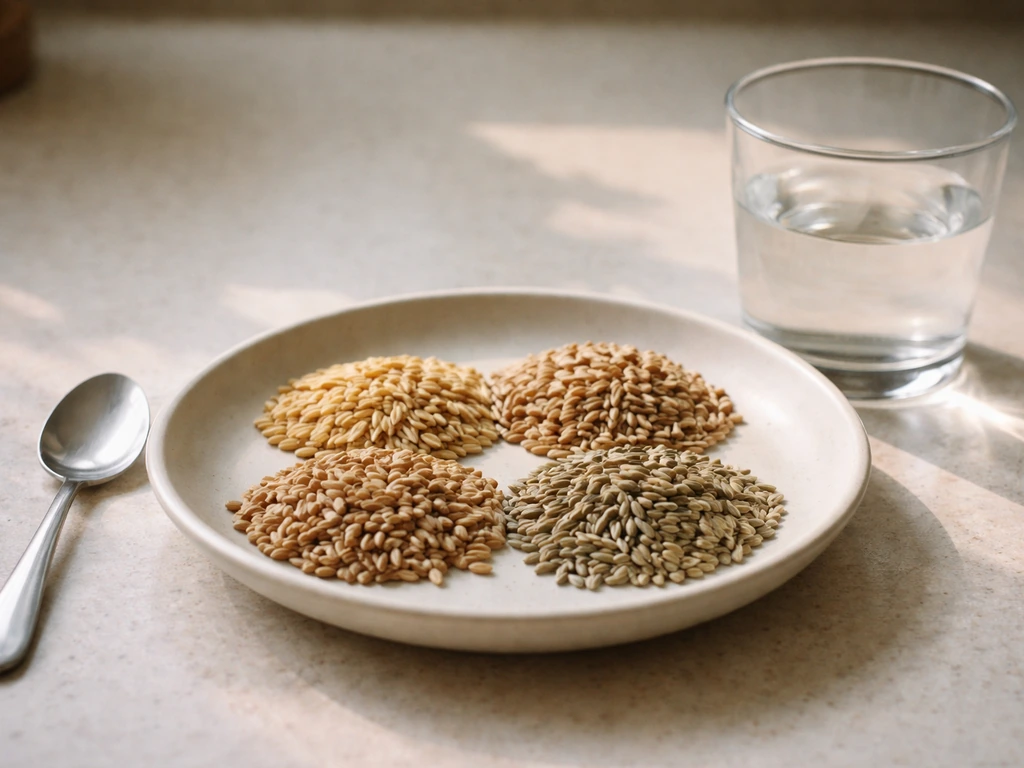 Close-up of oat, wheat, barley, and rye seeds in small piles with spoon and clear cup nearby.