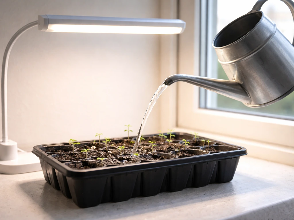 A grow light shining on a small plant tray as water is poured in from a watering can.
