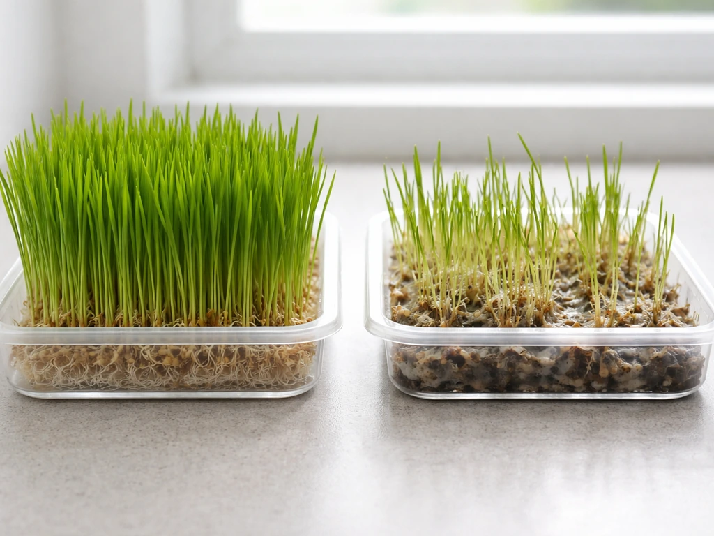 Two adjacent cat grass trays: left healthy dense sprouts, right mold/slime and uneven leggy growth.