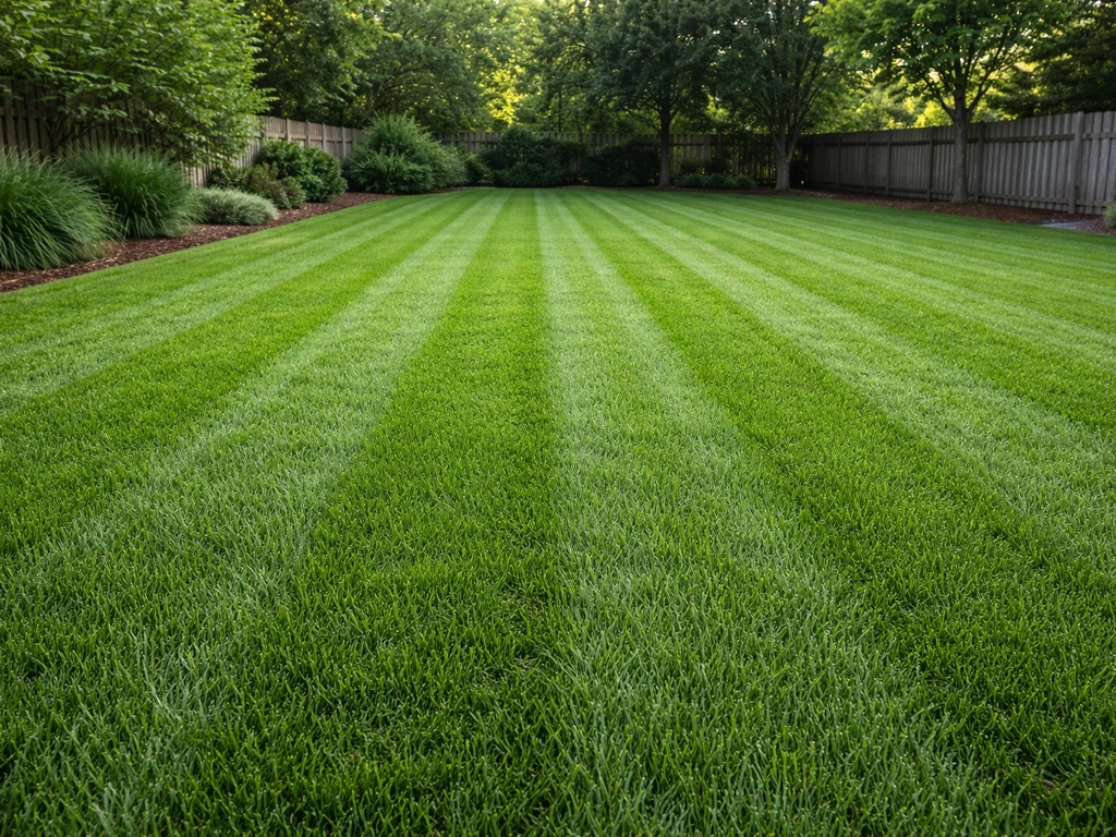Dense backyard fairway-style turf lawn with clear mowing lines and short grass texture.