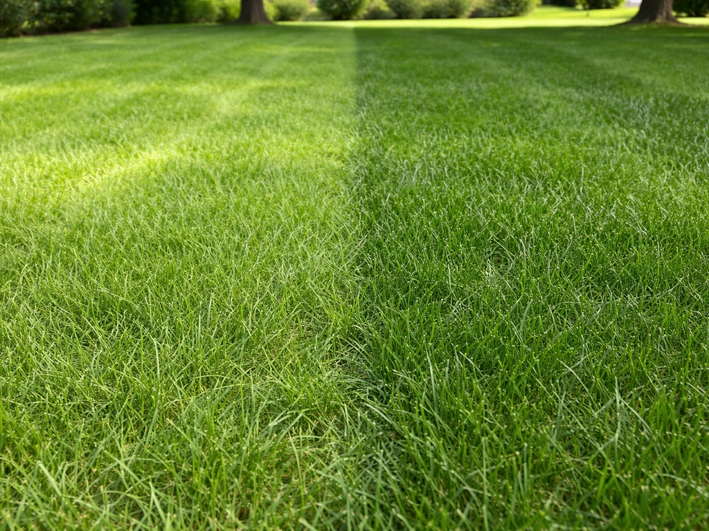 Close-up of two different fairway grass patches showing contrasting texture in a sunlit lawn.