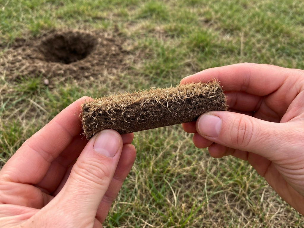 Close-up of a soil core sample showing thatch thickness held above a small hole in the lawn.
