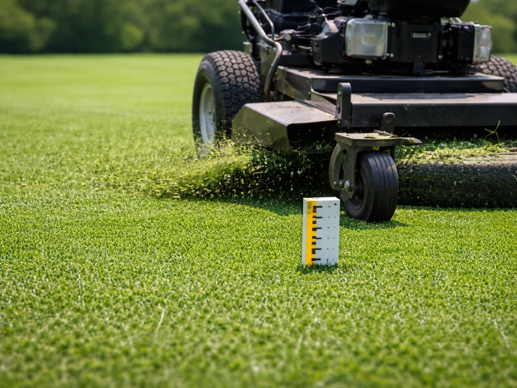 Close-up of a rotary mower cutting bermudagrass fairway beside a small ruler-like height guide