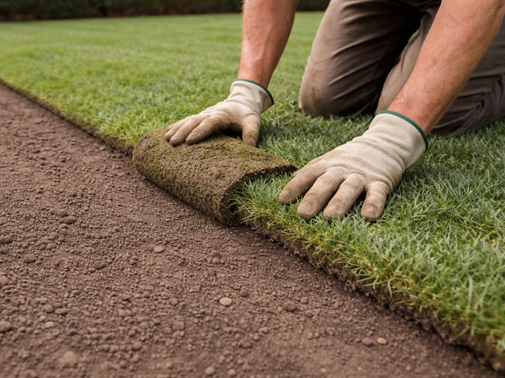 Fresh sod rolls being laid on prepared soil with trimmed edges for immediate lawn coverage