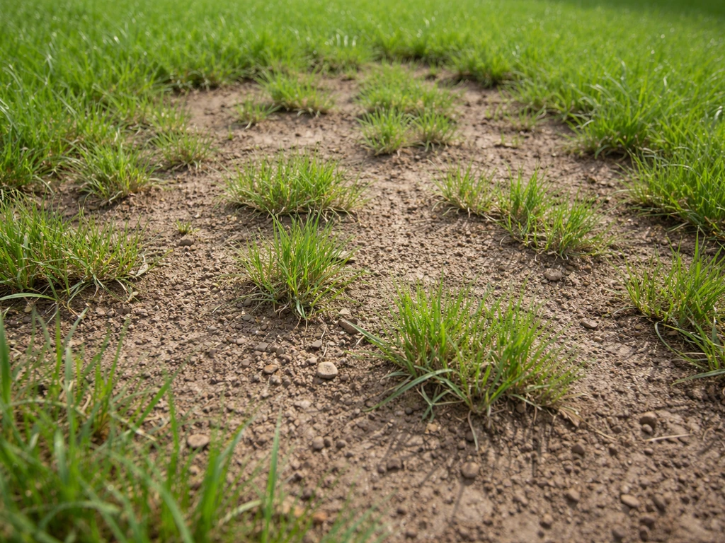 Close-up of a patchy new tall fescue lawn with bare soil gaps and healthier surrounding turf.