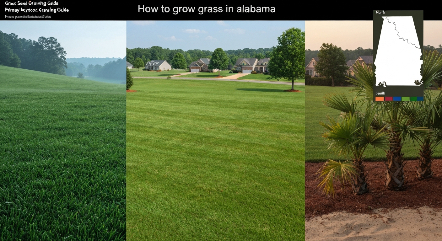 Photorealistic lawn split into three bands showing north (tall fescue), central (bermuda/zoysia), and south (zoysia/st. augustine) with a small inset Alabama zone map.