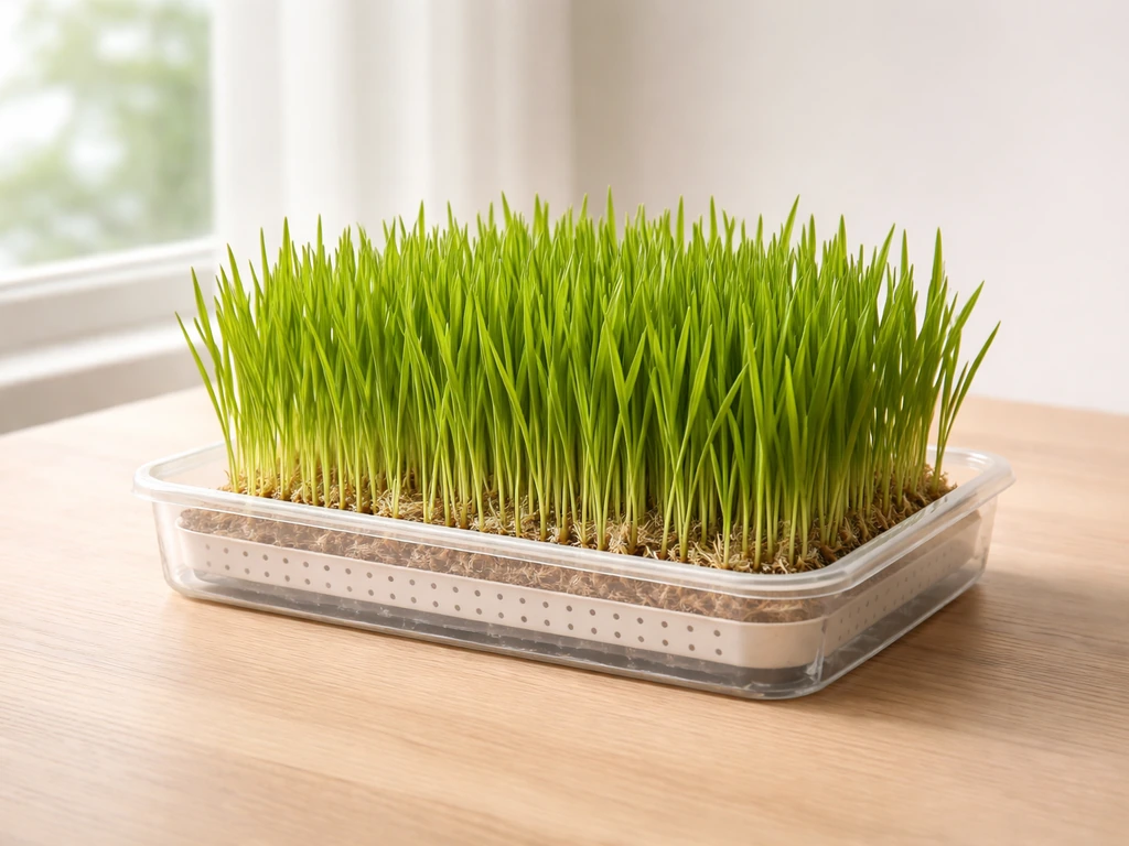 Clean cat grass tray with healthy green sprouts in a well-drained, airy setup, no visible mold.