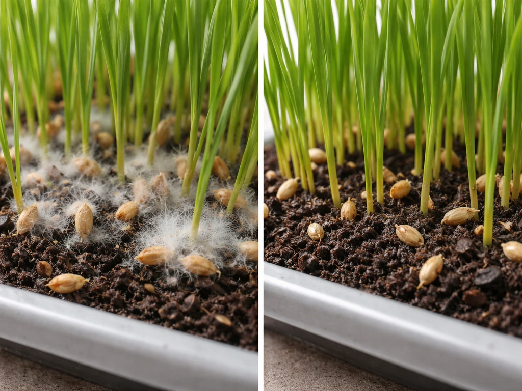 Close-up comparison of cat grass: early white/gray mold on one side vs healthy seeds and soil on the other