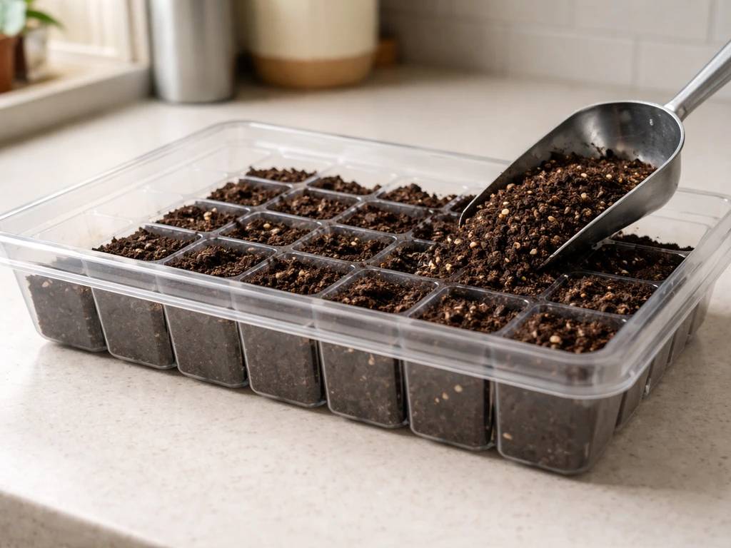 Close-up of a clean plant tray with freshly rinsed setup and new potting soil ready for planting