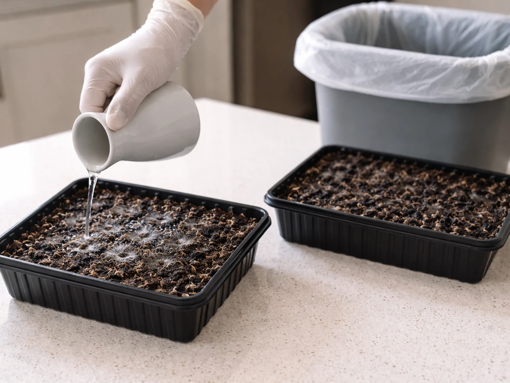 Side-by-side trays: early white/gray mold tray being gently rinsed, black mold tray being discarded.