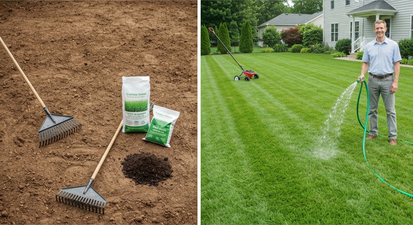 Before-and-after suburban lawn: bare soil on one side and lush green turf on the other, with gardening tools visible.